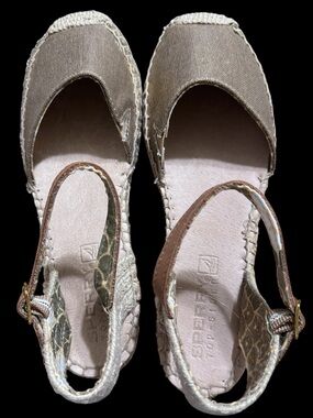 Sperry Top-Sider “Hope” Metallic Gold Canvas Espadrille Slingback Wedges NWOT